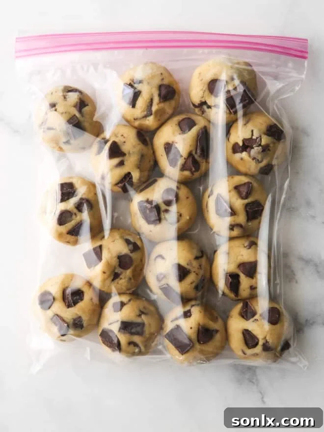 A clear ziplock bag filled with neatly frozen rounds of chocolate chip cookie dough, ready for long-term storage.