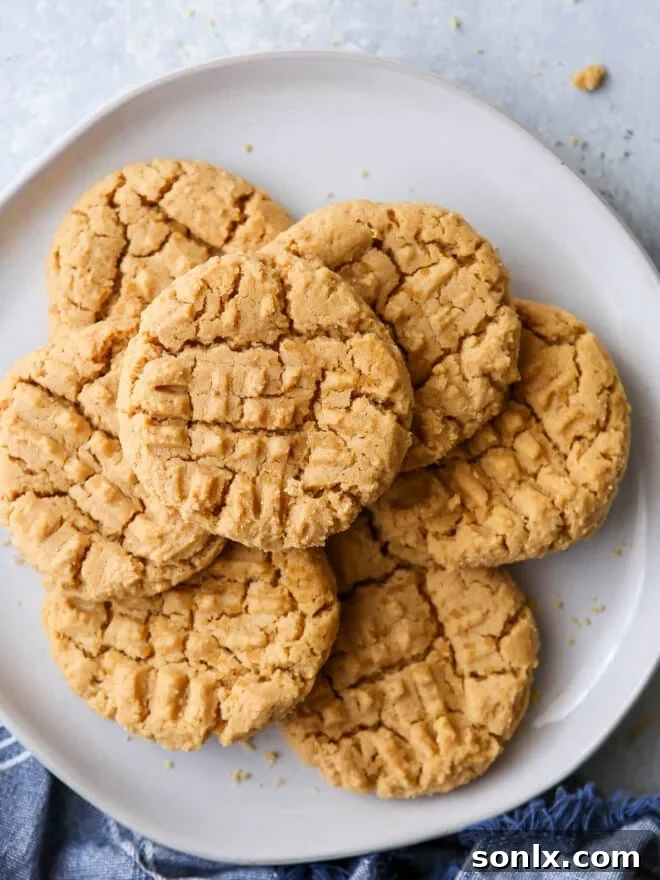 Stacked flourless peanut butter cookies on a rustic plate, ready to be enjoyed.