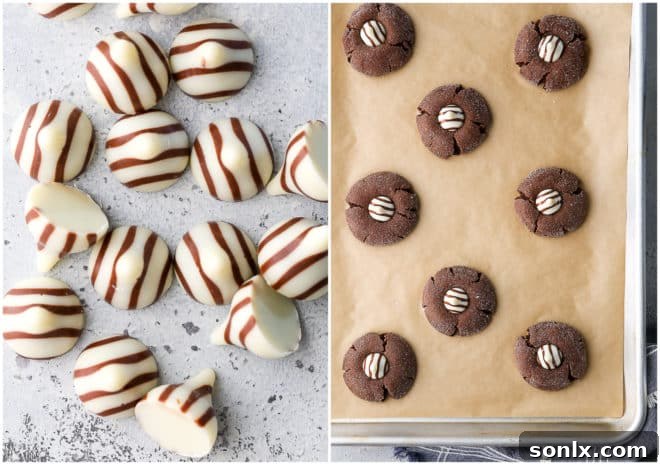 Warm chocolate cookies with freshly pressed Hershey's Hugs