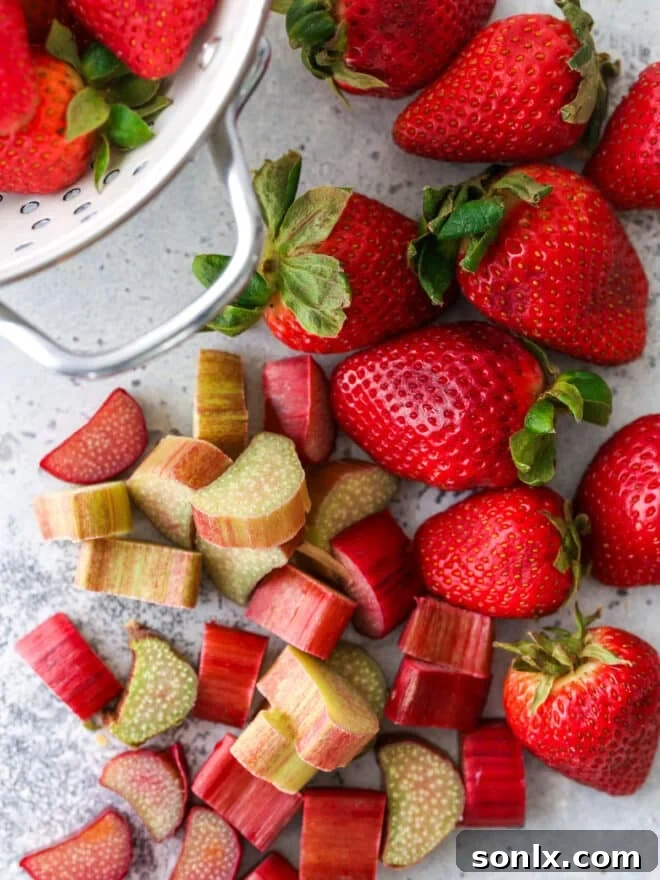 Freshly picked whole strawberries and perfectly sliced rhubarb stalks, ready for baking.