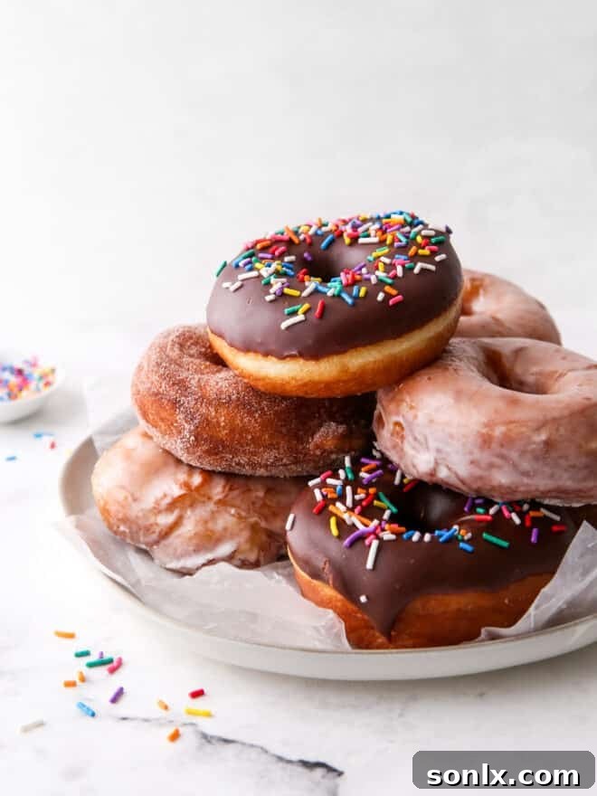 yeast-raised doughnuts stacked on a plate, showcasing their soft, golden texture and various toppings