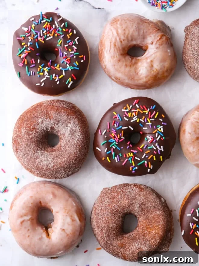 freshly fried yeast-raised doughnuts laid out on a piece of parchment paper, ready for toppings