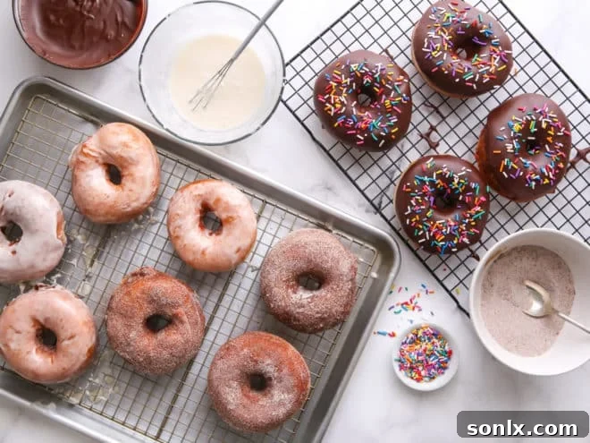 three different yeast-raised doughnuts on a plate, each with a distinct topping: cinnamon-sugar, chocolate with sprinkles, and vanilla glaze