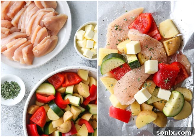 Hands carefully assembling chicken and veggie tin foil dinners, layering ingredients and butter onto aluminum foil sheets.