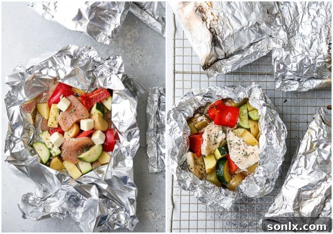 Before and after cooking view of chicken and veggie tin foil dinners, showing raw ingredients sealed in foil and the beautifully cooked meal ready to serve.