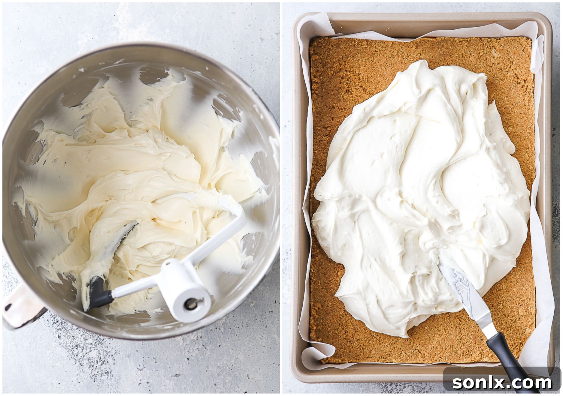 Hands spreading creamy white cheesecake filling over a graham cracker crust in a baking pan