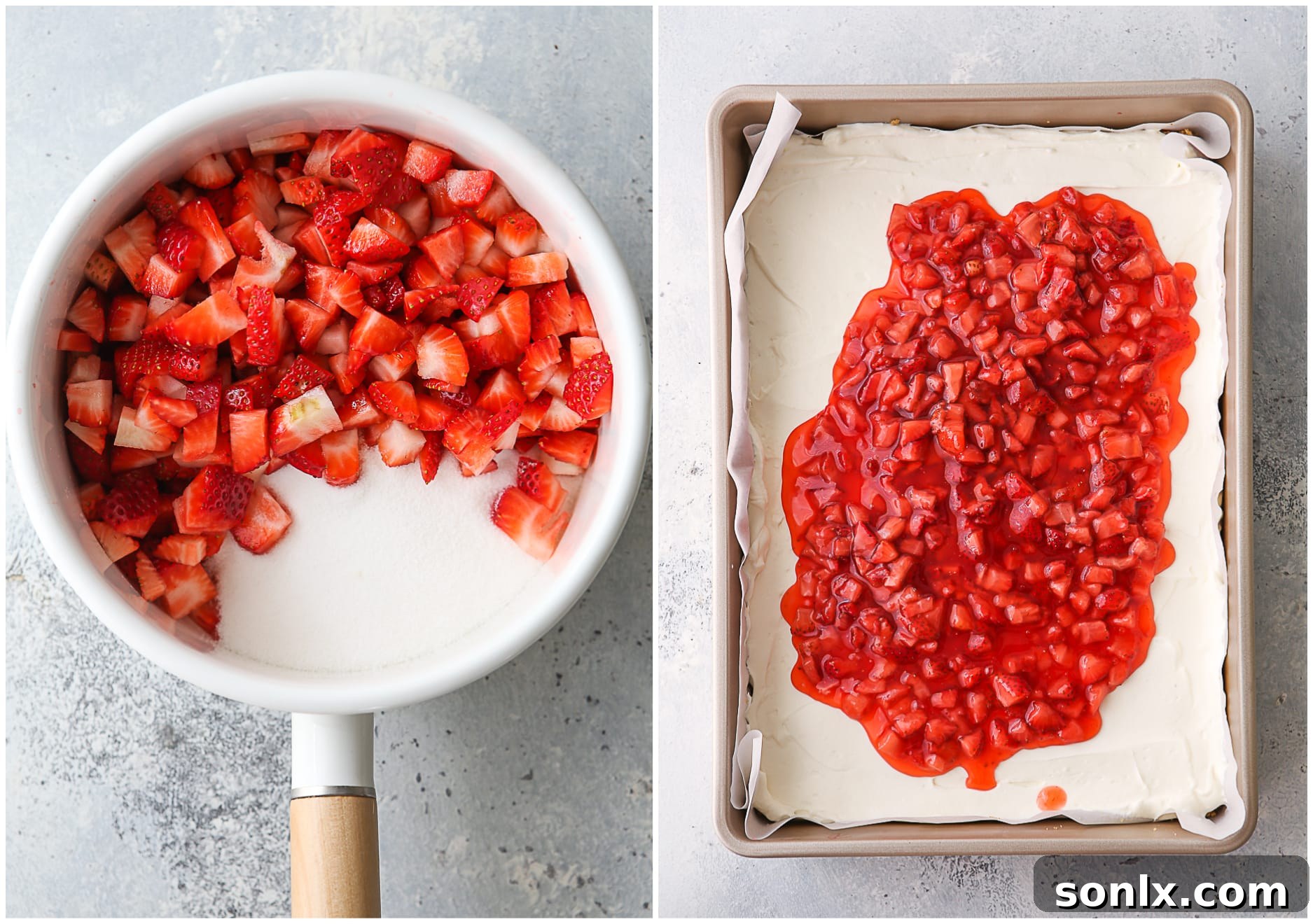 A close-up of a spoon carefully spreading a glistening strawberry topping over the white cheesecake layer in a pan