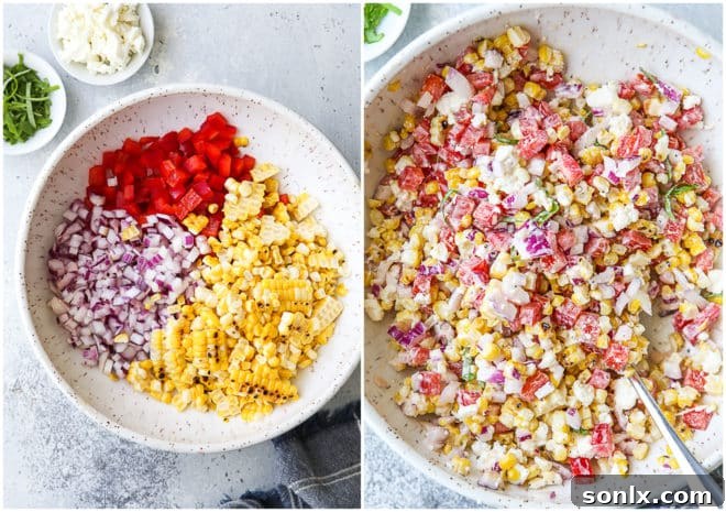 Making the corn and red pepper salad