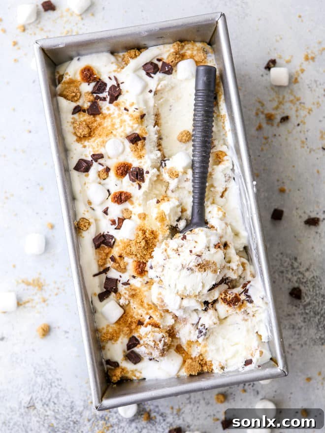 This super easy and delicious no-churn s'mores ice cream is filled with graham cracker crumble, chocolate chunks, and toasted marshmallows.