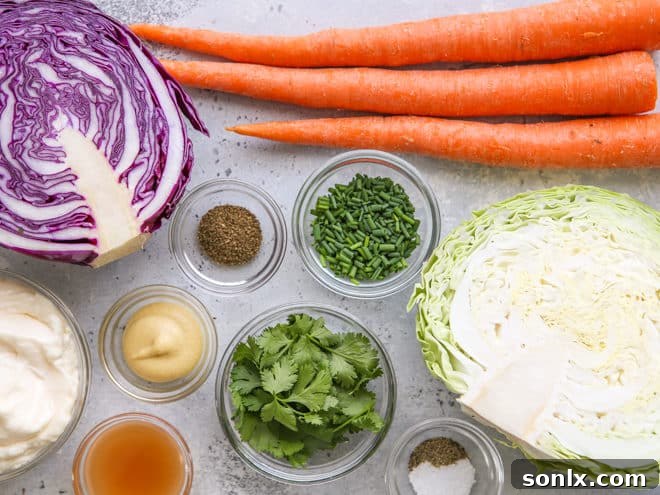 Fresh ingredients laid out for making classic coleslaw.