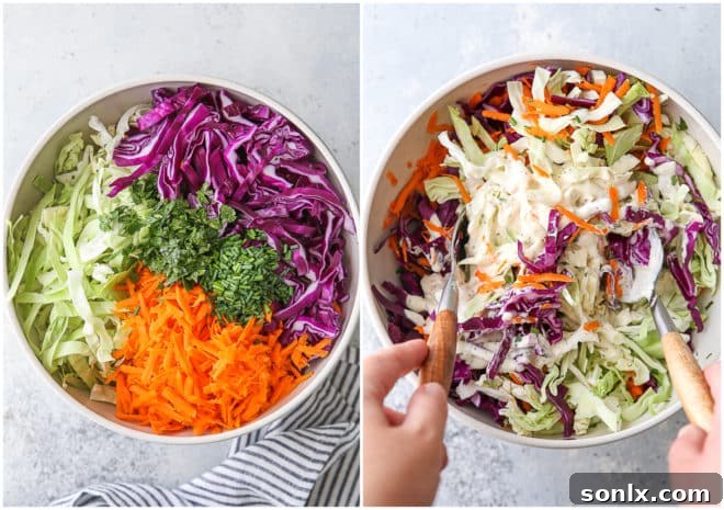 Hands mixing shredded cabbage and carrots with creamy dressing in a large bowl.