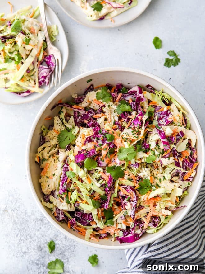 A bowl of creamy classic coleslaw, garnished with fresh herbs, ready to be served.