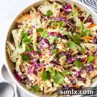 The easiest classic coleslaw filled with cabbage, carrots, chives, cilantro and a creamy mayo dressing.
