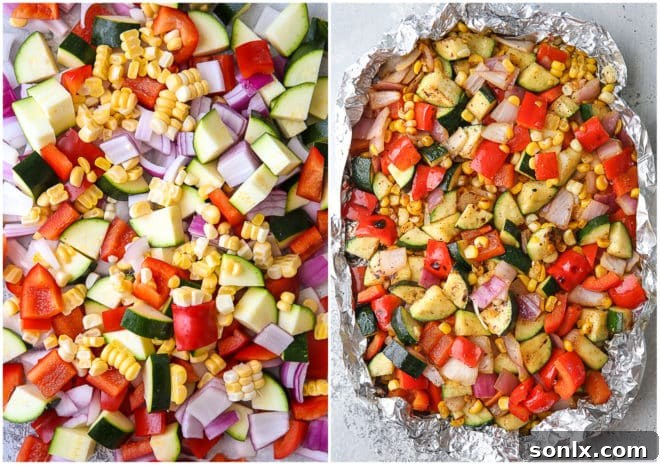 Before and after grilling, fresh vegetables transform into smoky, tender taco filling
