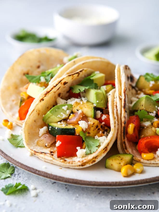 Delicious simple grilled veggie tacos filled with fresh, healthy, and flavorful ingredients