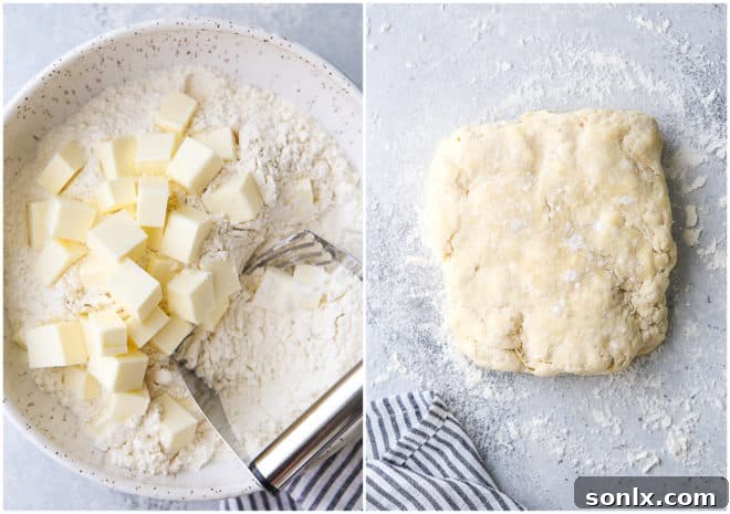 Process of making pie crust by cutting cold butter into flour mixture
