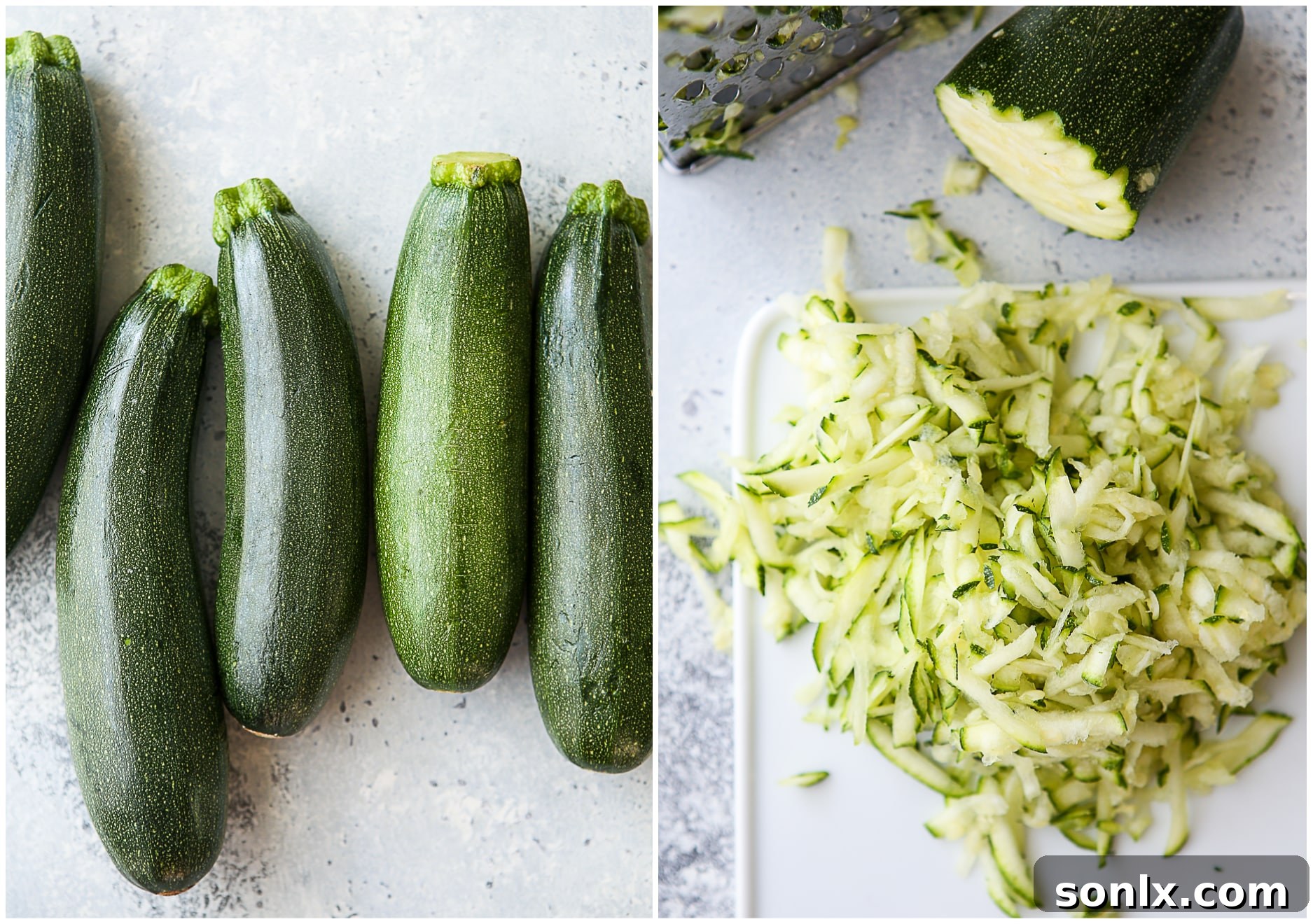 A close-up image of hands squeezing excess moisture from shredded zucchini using a white tea towel