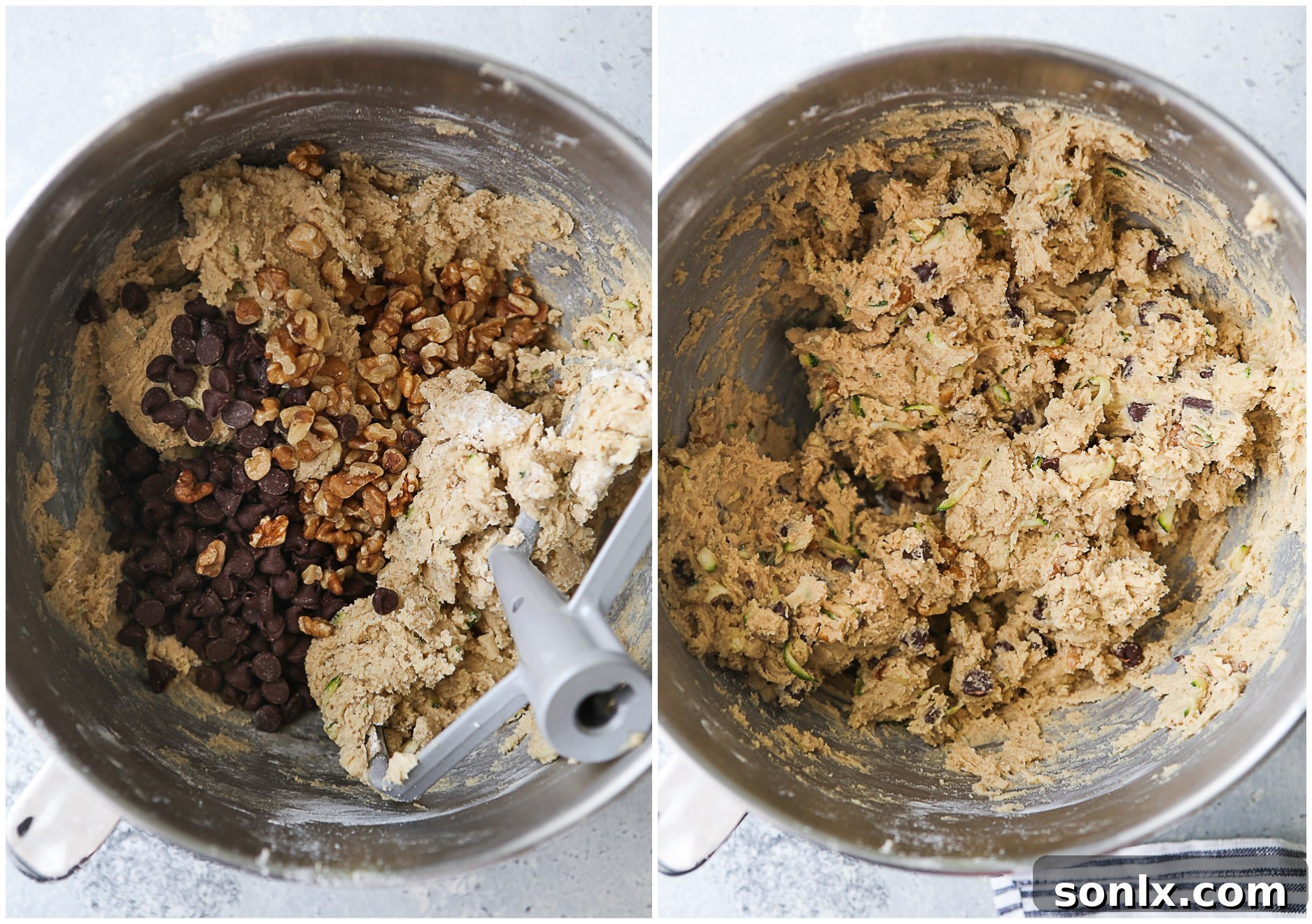 Cookie dough in a stand mixer with chocolate chips and walnuts being gently incorporated