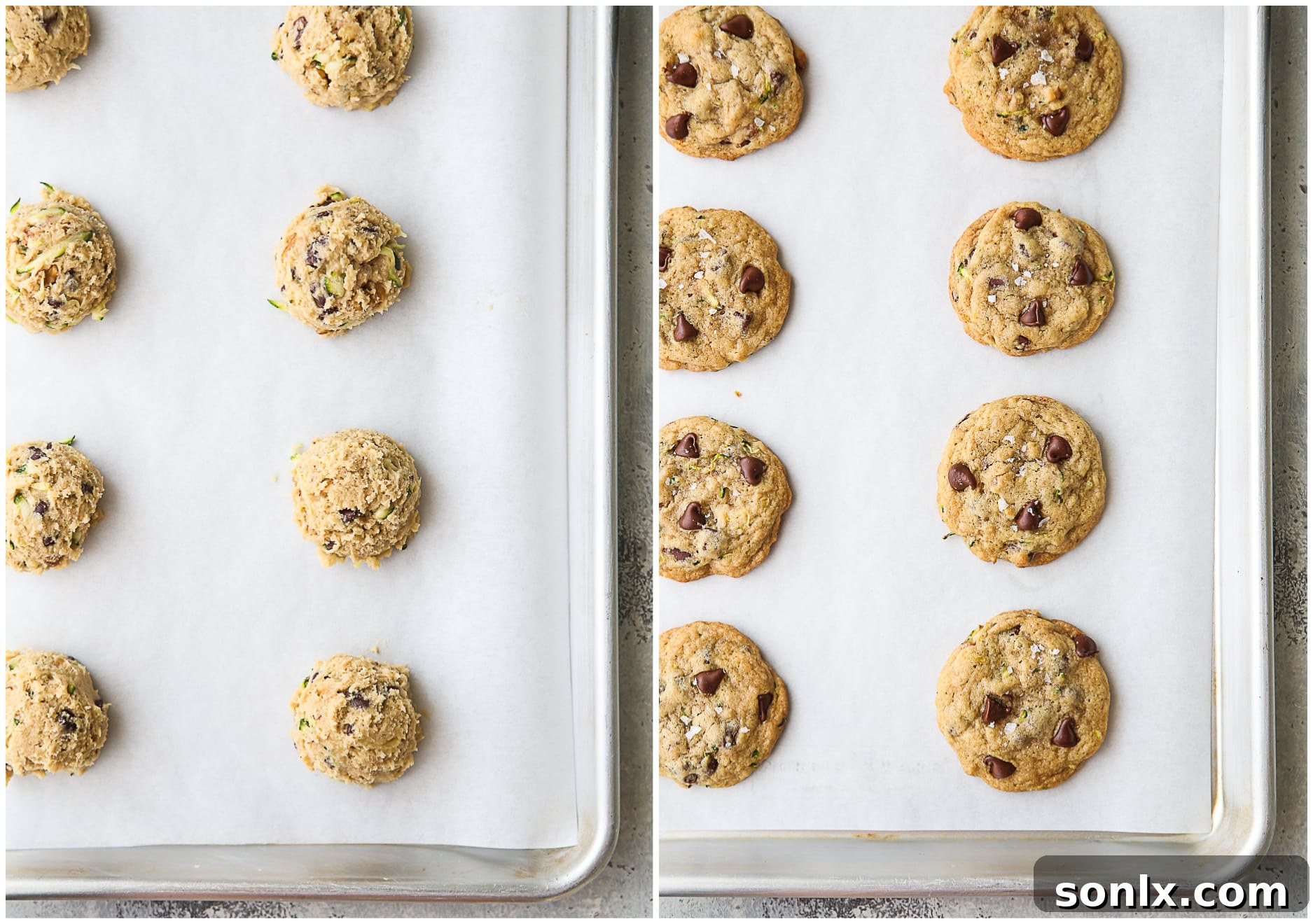 A baking sheet with neatly spaced cookie dough balls ready for the oven, and another with golden-brown baked cookies