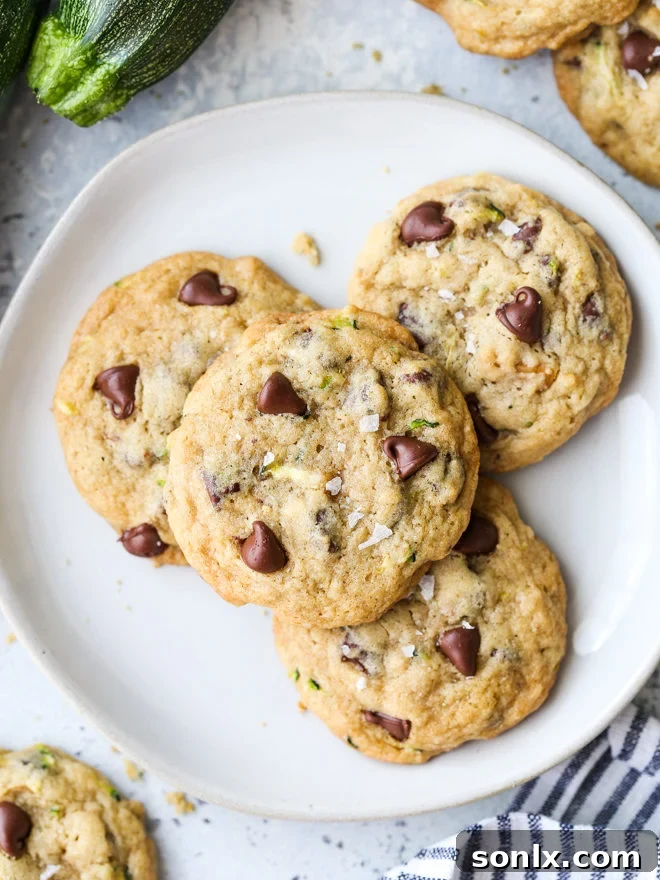A close-up of a stack of soft zucchini chocolate chip cookies with visible chocolate chips and walnuts, lightly sprinkled with flaky sea salt
