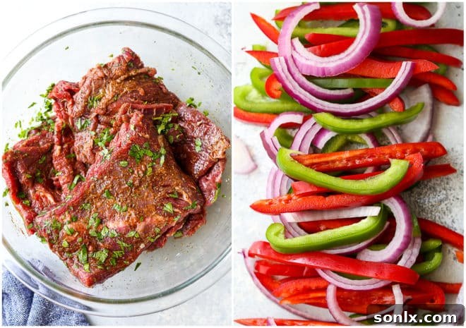 Marinated skirt steak alongside vibrant chopped bell peppers and red onions, prepped and ready for grilling.