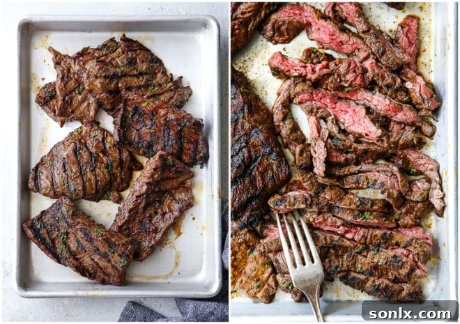 Perfectly grilled skirt steak, thinly sliced against the grain, ready for assembling the nachos.