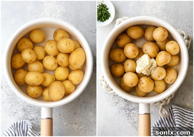 boiling mini potatoes, then adding butter and seasonins