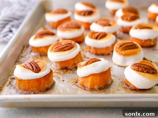 Sweet potato bites fresh out of the oven in a sheet pan.