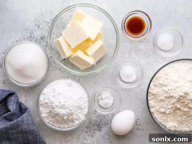 All the essential ingredients for making delicious frosted sugar cookies, including butter, sugar, flour, and extracts, neatly arranged for baking.