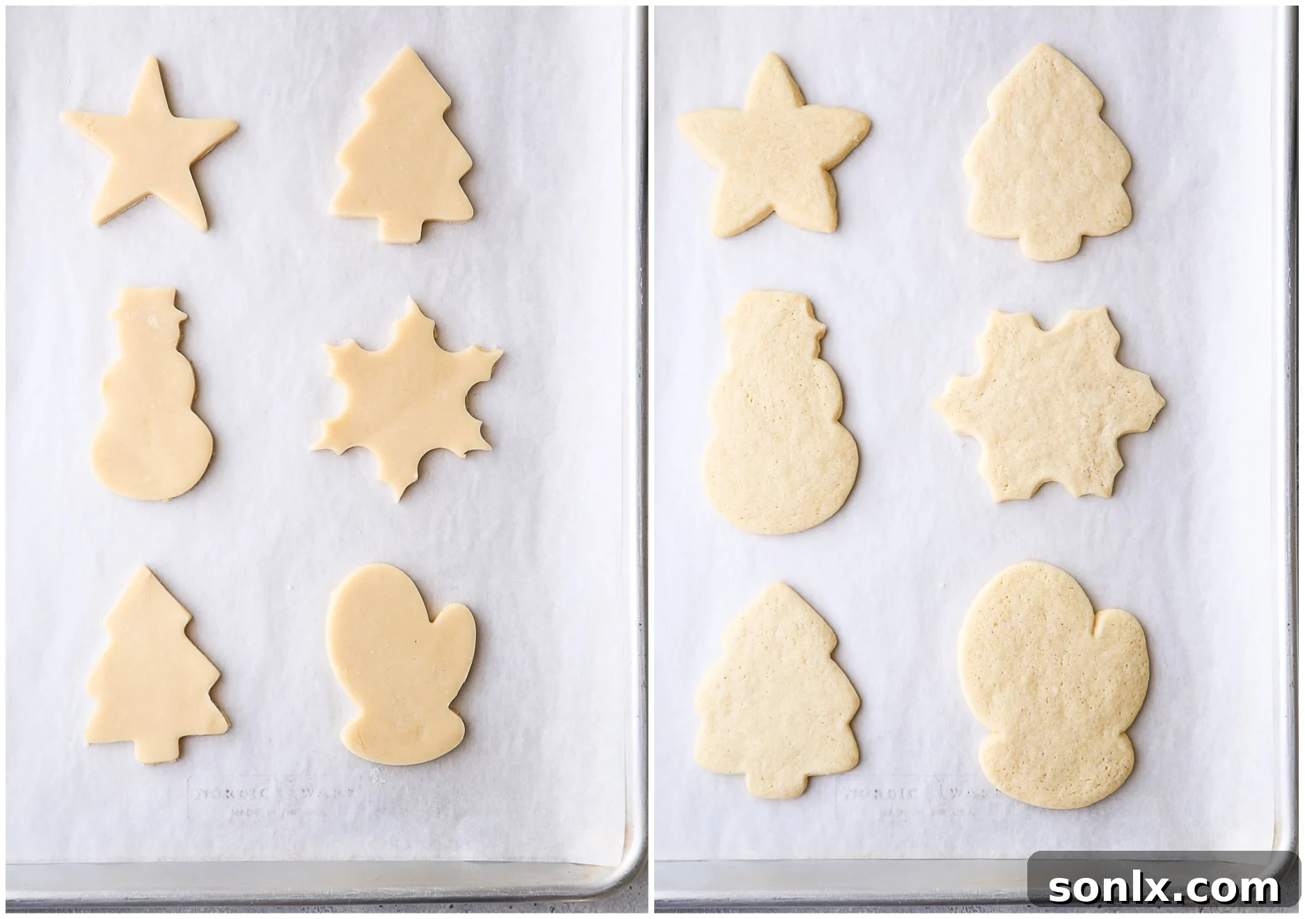 Unbaked cookie cutouts carefully arranged on a baking sheet, ready to be placed into the freezer for an optional pre-bake chill.