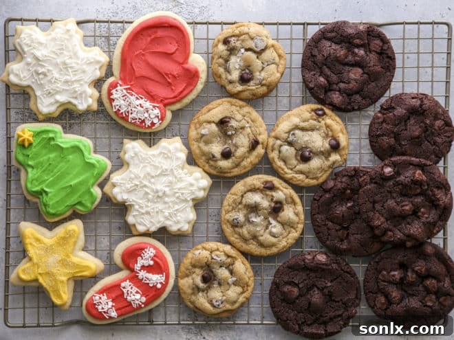 frosted sugar cookies, chocolate chip cookies, chocolate chocolate chunk cookies