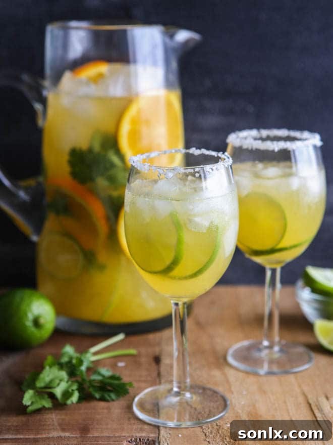 Margarita Sangria cocktail poured into glasses with salted rims and garnished with cilantro