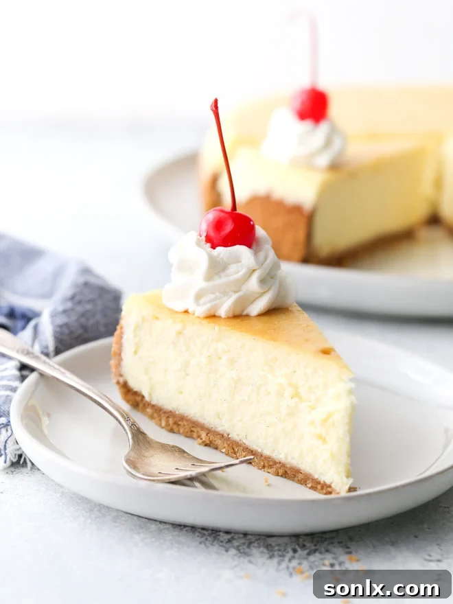 A slice of classic cheesecake with a graham cracker crust, showcasing its silky smooth texture.