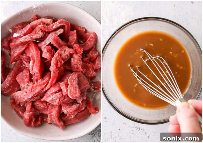 Marinated beef slices in a bowl and a whisked stir-fry sauce in another bowl, prepared for cooking.