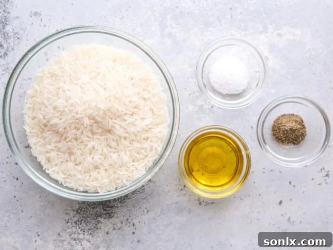 Ingredients for perfectly cooked steamed rice