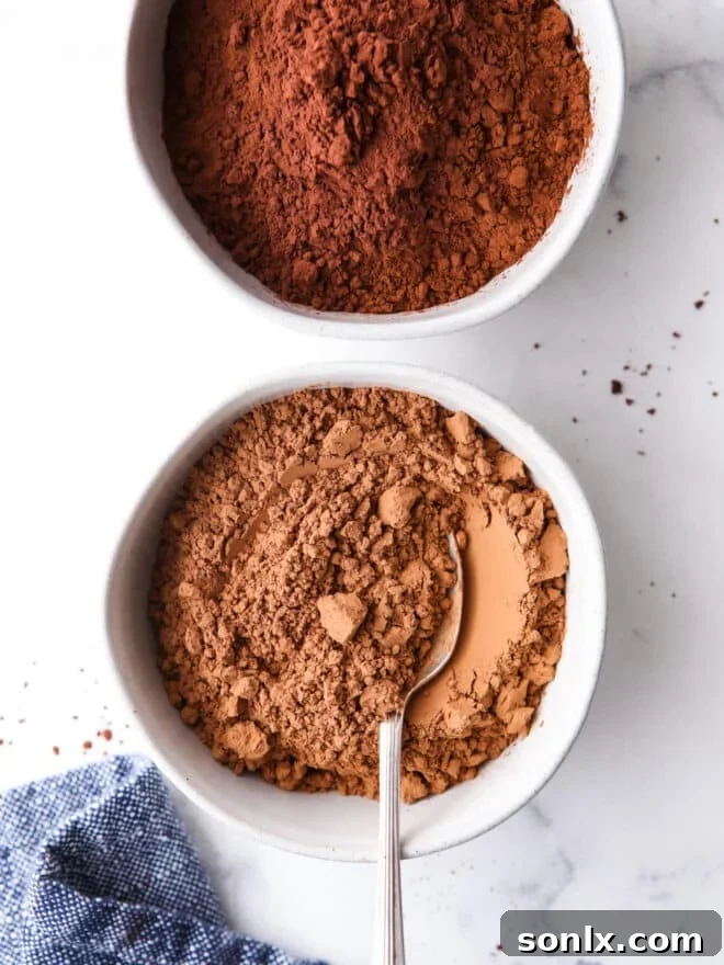 unsweetened cocoa powder and dutch process cocoa powder in bowls