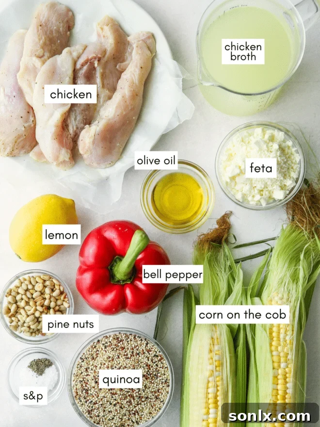A collage of ingredients for grilled chicken quinoa salad, including cooked quinoa, chopped vegetables, grilled chicken, and fresh herbs.