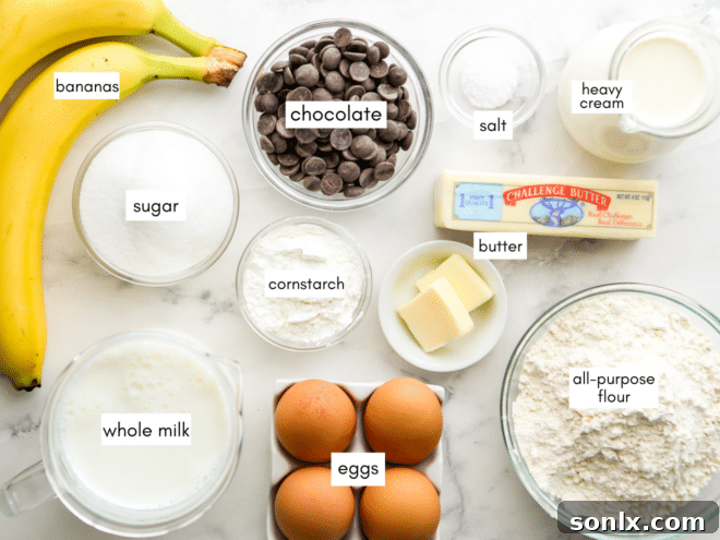 A flat lay photograph of all the individual ingredients required to make a Chocolate Banana Cream Pie, neatly arranged on a surface.