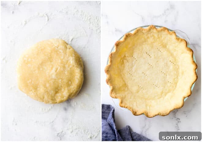 A visual progression showing pie crust dough being prepared and then a beautifully blind-baked pie crust in a pie dish.