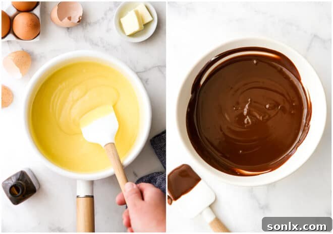 Two separate bowls showing the process of making homemade vanilla pudding and rich chocolate ganache, key components of the pie.