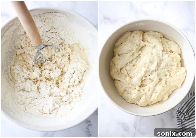 Two stages of pizza dough: one in a bowl being mixed, and another portion that has successfully risen, indicating readiness for the next step.