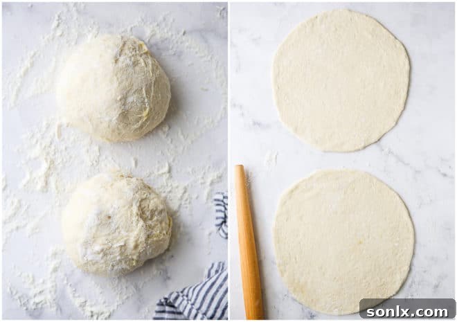 Portioned pizza dough balls alongside two rolled-out pizza doughs on a floured surface, ready for toppings.