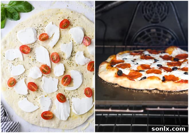 One pizza topped with cheese and fresh tomatoes, next to another pizza baking inside a hot oven, showing the intense heat.