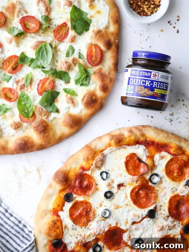 A beautifully homemade pizza sits alongside a jar of Red Star Yeast, emphasizing the key ingredient.