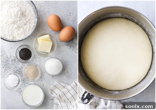 hot dog buns ingredients and dough in a bowl