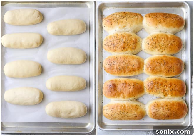 Homemade hot dog buns, before and after baking