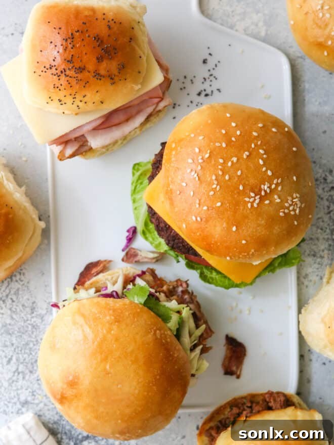 overhead sandwiches, sliders and burgers on different buns