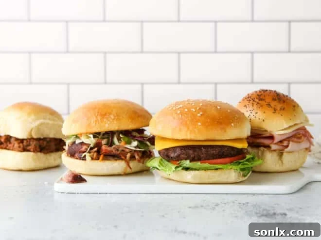 sandwiches, sliders and burgers on different buns