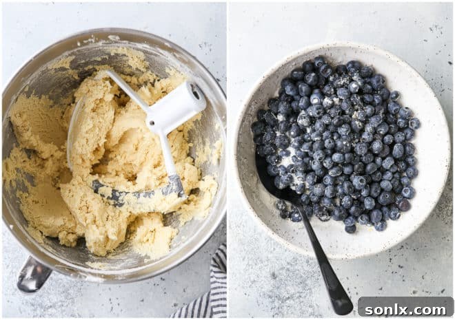 mixing pie bars dough and blueberry filling
