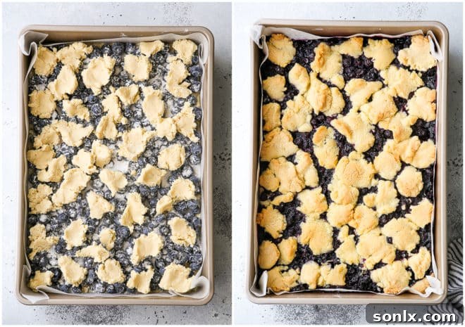 blueberry pie bars before and after baking